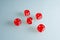 Red dice on the glass. Five dice with the value of `two`