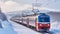 Red Diesel Train Glides through a Snowy Railway Platform in Exhilarating Motion. Generative AI