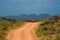 A red dirt road leading towards the distant dunes