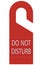 Red Do Not Disturb Door Handle Cardboard Tag, Vertical Isolated Hanger Sign Macro Closeup, English Text, Large Detailed EN Warning