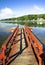 Red dock, beautiful lake