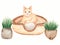 Red domestic lying cat illustration with house plants. Cute Cats background. Watercolor hand drawn picture