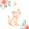 Red domestic Sitting cat with butterly and flowers card. Cute Cats kitty catching butterflies. Watercolor hand drawn illustration