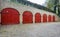 The red doors of the former depots of Bourtange, a Dutch fortified village in the province of Groningen