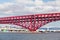 Red double-deck cantilever truss bridge