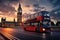 A red double-decker bus is seen driving down a busy street, surrounded by urban buildings, Double-decker bus against the backdrop