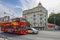 Red double-decker city sightseeing tourist bus in the city of Lisbon, Portugal