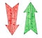 Red down and green up vintage wooden direction arrows on cracked and peeling painted wooden