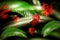 Red dragonfly on a background of green fern and red flowers. Nature of the rain forest. Artistic image in green and red tones