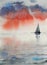 Red dramatic calm sea sunset and a lonely yacht. Watercolor drawing