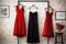 red dress on a hanger with a contrasting black or white dress