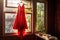 red dress hanging near a window with sunlight streaming in