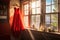 red dress hanging near a window with sunlight streaming in