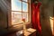 red dress hanging near a window with sunlight streaming in