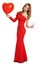 Red dressed woman with heart shape balloon and wineglass - valentine holiday concept