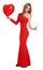 Red dressed woman with heart shape balloon and wineglass - valentine holiday concept