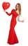 Red dressed woman with heart shape balloon and wineglass on white