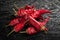 Red dried chili peppers. Top view of a pile of hot dry peppers on a black charcoal surface