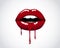 Red dripping girl lips. Woman bleeding red mouth. Melting kiss with lipstick, gloss. Valentines, mothers day logo