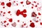 Red dumbbell with hearts and gift boxes on white background