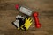 Red Dumbbell, Yellow Groove and Water Bottle has preparing to fitness and exercise.