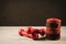 Red dumbbells and bandage/healthy concept red dumbbells and band