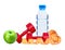 Red dumbbells fitness, green apple, bottle of water and measure