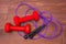 Red dumbbells and purple skipping rope