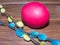 Red Easter egg and verba twigs. Colorful Easter eggs - part of the passover meal. Easter Bright Sunday of Christ