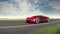 Red electric car on highway in desert. Concept of future. 4k animation.