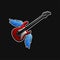 Red electric guitar with blue wings. Rock n roll or music theme. Vector design for promo poster, sticker or card