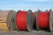 Red electrical cable reels for the transport of electricity high