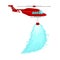 Red emergency propeller helicopter in the air with water for extinguish danger fire. Rescue aircraft flight for water