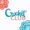 Red end blue Crochet club Logotype, Branding, Avatar composition of crocheted bow, flowers. Illustration for handmade