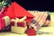 Red envelope, christmas gift boxes and winter scarf