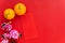 Red envelope put on red background, red envelope is gift, orange and blossom on special days such as chinese new year