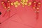 Red Envelope Red Packet golden coins lanterns with words for lucky, good fortune, and happiness decoration on red background with