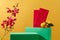 Red envelopes, vibrant orchids and tangerines, the green podium showcases products against a festive yellow backdrop, providing an