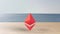 Red Ethereum gold sign icon on wood table blur sea with the sky. 3d render illustration, cryptocurrency, crypto, business,