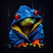 Red-eyed tree frog wearing blue raincoat. AI generative