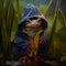 Red-eyed tree frog wearing blue raincoat. AI generative