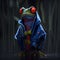 Red-eyed tree frog wearing blue raincoat. AI generative