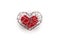 Red fabric heart in knitted wire cage