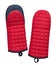 Red fabric quilted oven mitts with silicone inserts isolated