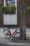 Red family bicycle with black front basket parking unattended.