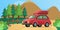 Red family car for driving into forest. Transport for traveling around world. Travel by car concept