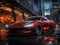 Red fantasy sports car. Against the background of the night city. AI generated