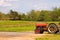 Red farm tractor near field
