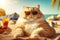 Red fat cat is resting on the beach with a cocktail. A seaside holiday concept with animals. Generative AI