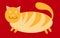 Red, fat, fat, striped cat with short paws and a small head with ears sticking up on a red background.